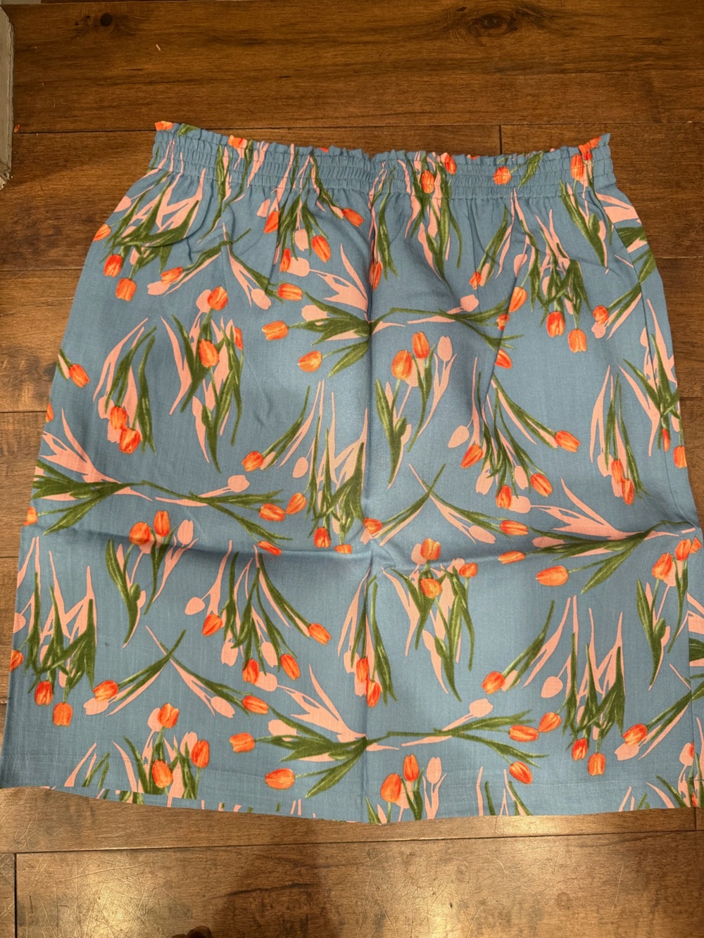 A-Line Floral Tulip Print Skirt in Sky Blue and Coral
